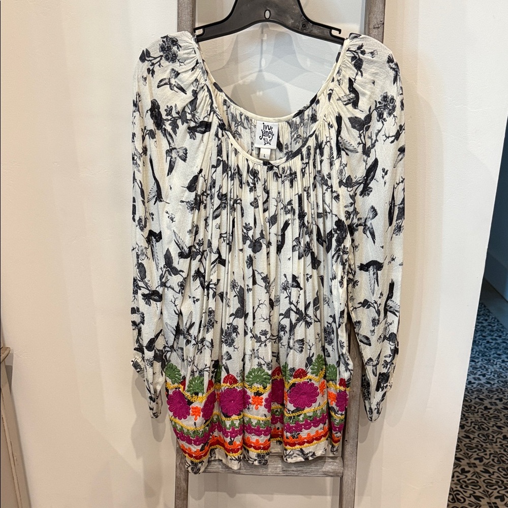 Ivy Jane Black and White Floral and Bird Blouse with Multicolor Hem